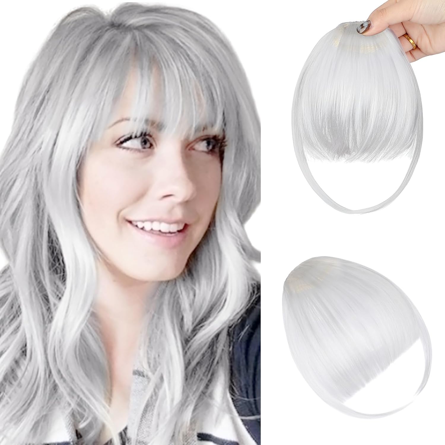 Bangs Hair Clip in Bangs, Fake Bangs Natrual Clip in Hair Extensions, Easy to Use Faux Bangs Clip on bangs, Wispy Bangs Fringe with Temples Hairpieces for Daily Wear (Silver Gray)