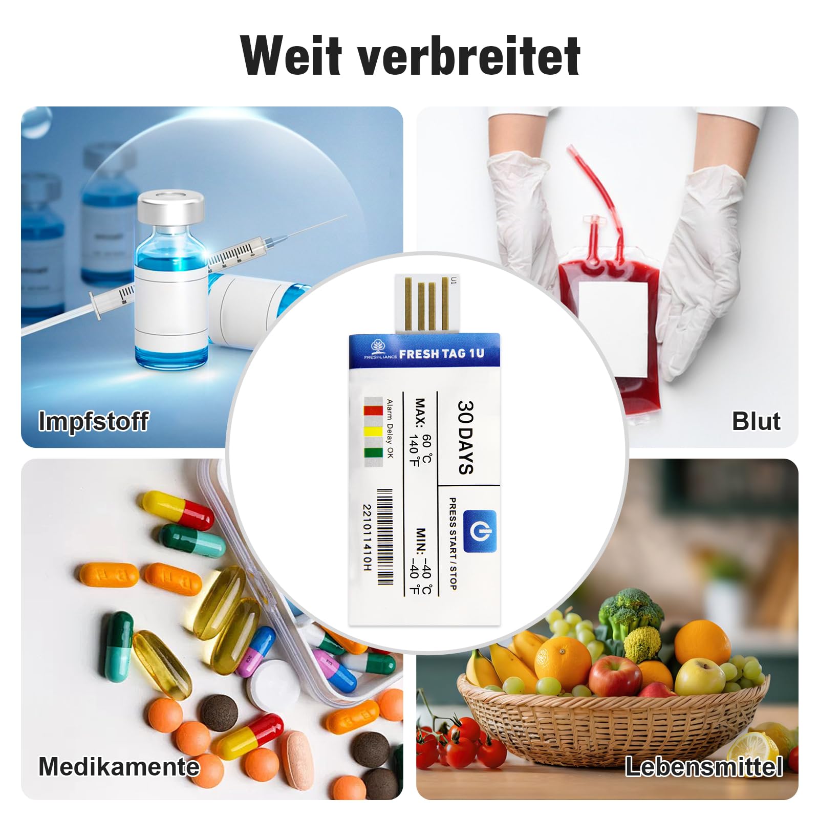 Freshliance Temperatur Datenlogger 2 Stücke, -40°C ~ 60°C Einweg-Temperaturlogger mit PDF/CSV-Bericht, 30000 daten hohe Genauigkeit 30 Tage für Kühltkettetransport, Fresh Tag 1U