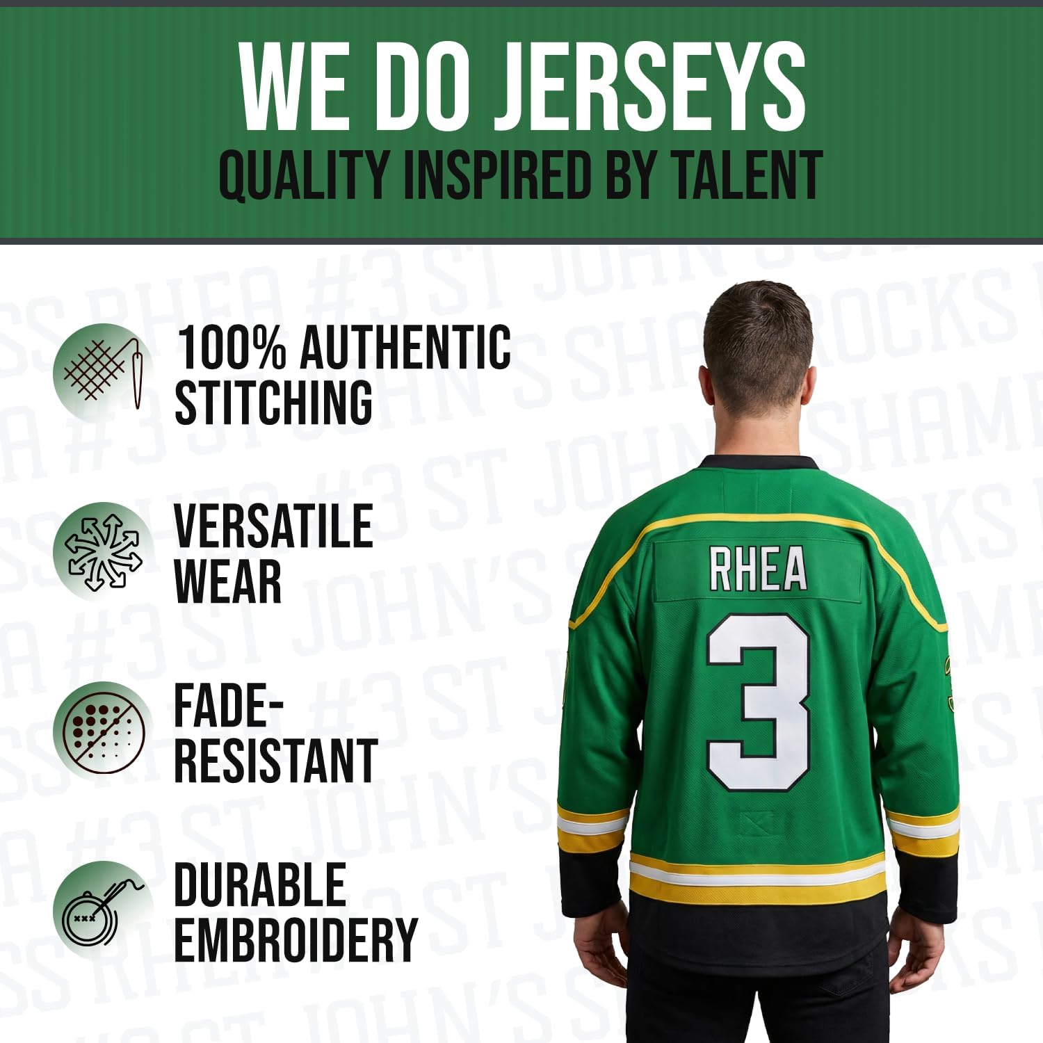 Ross The Boss Rhea #3 St John’s Shamrocks Hockey Jersey – Goon-Inspired Throwback, Stitched Letters, Sizes S–5XL - Image 3