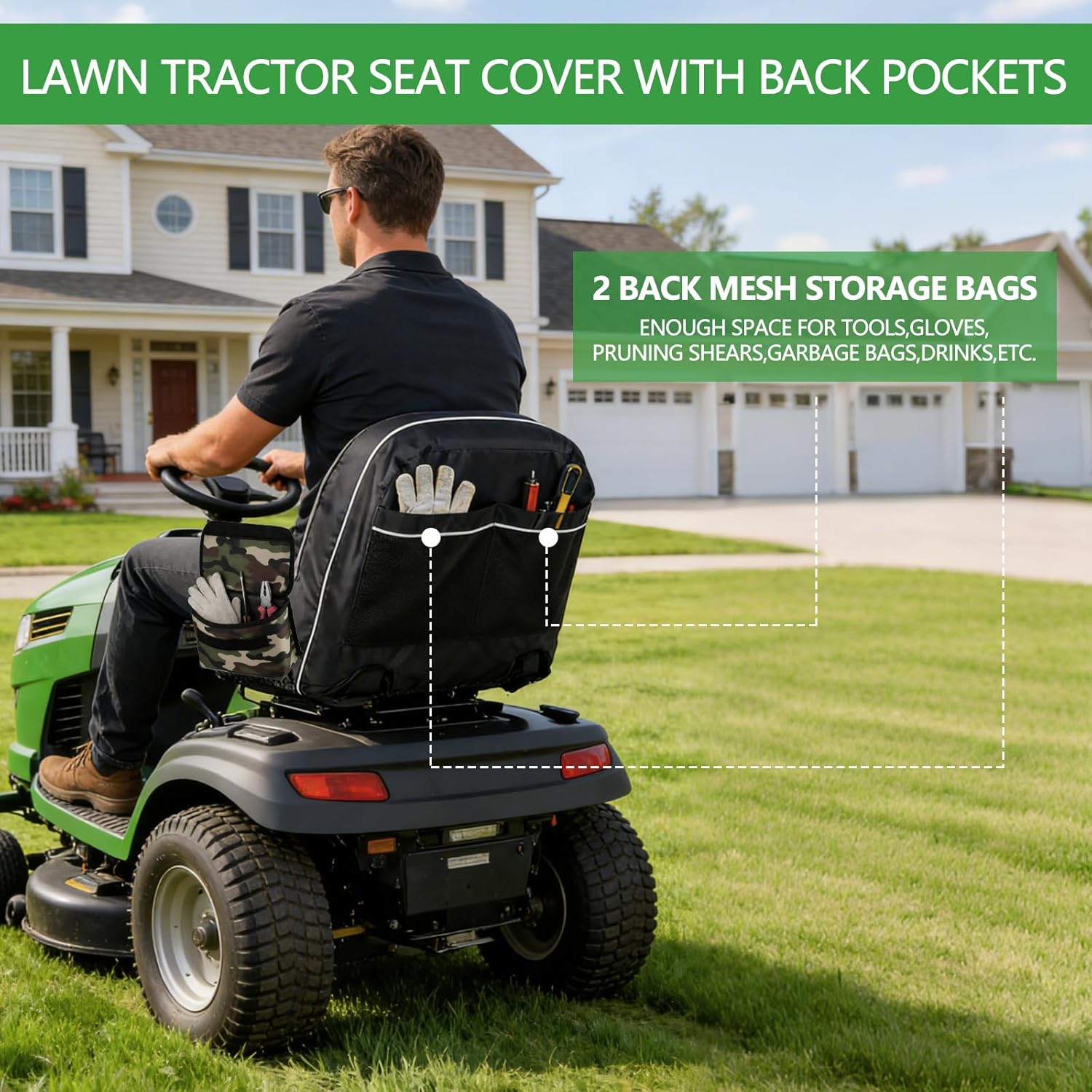 Riding Lawn Mower Seat Cover,Heavy Duty 600D Oxford Waterproof Tractor Seat Cover with Side Pockets for 12.2-14.2''H Seat,Fits John Deere,Kubota,Cub Cadet,Husqvarna Lawn Mower Tractor-Camo M