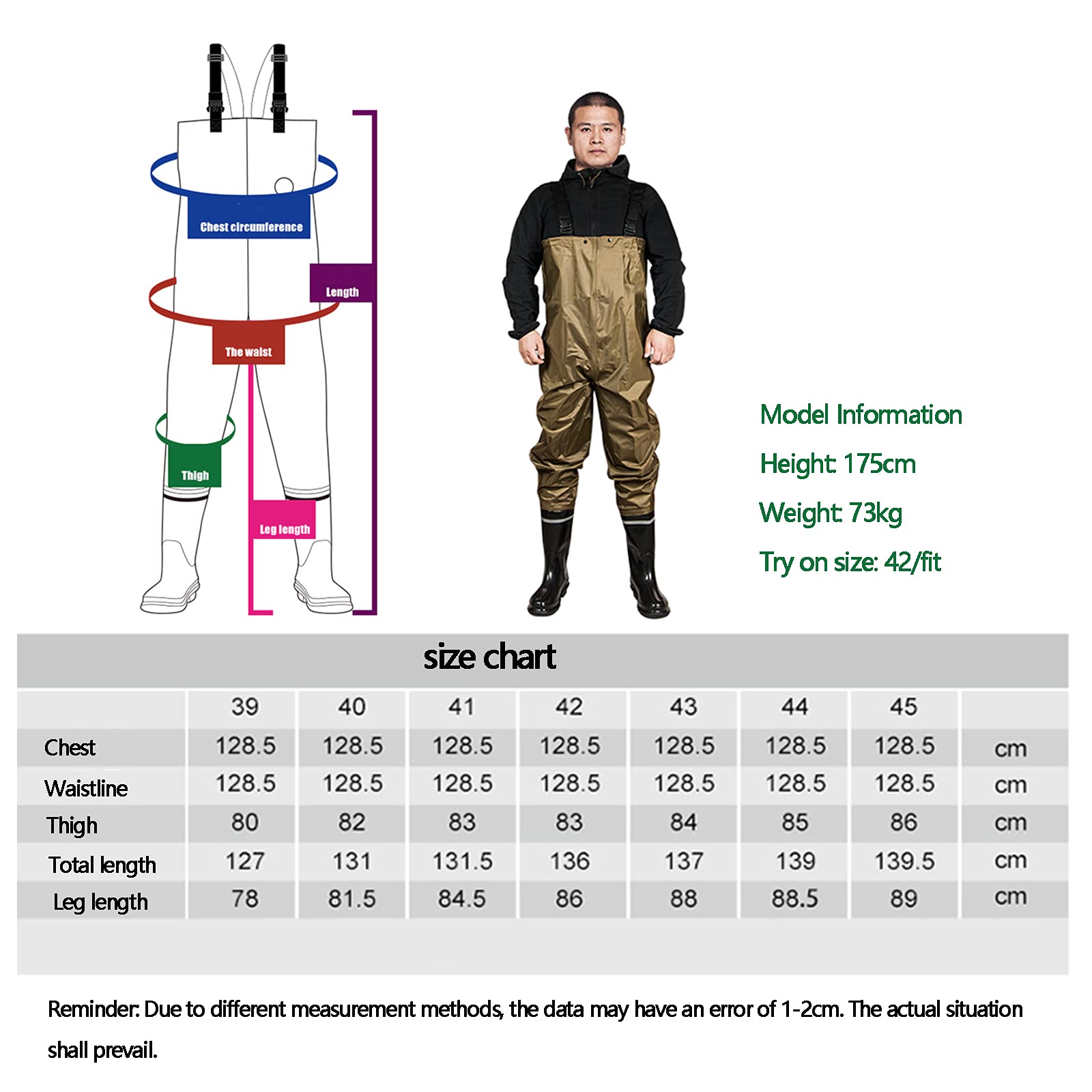 FAXIOAWA Angler-Wathose, Jagd-Wathose mit Stollensohle, Stiefelfuß, Watgürtel, leichtes Nylon, wasserdicht, Herren, Damen, Khaki, 40 EU