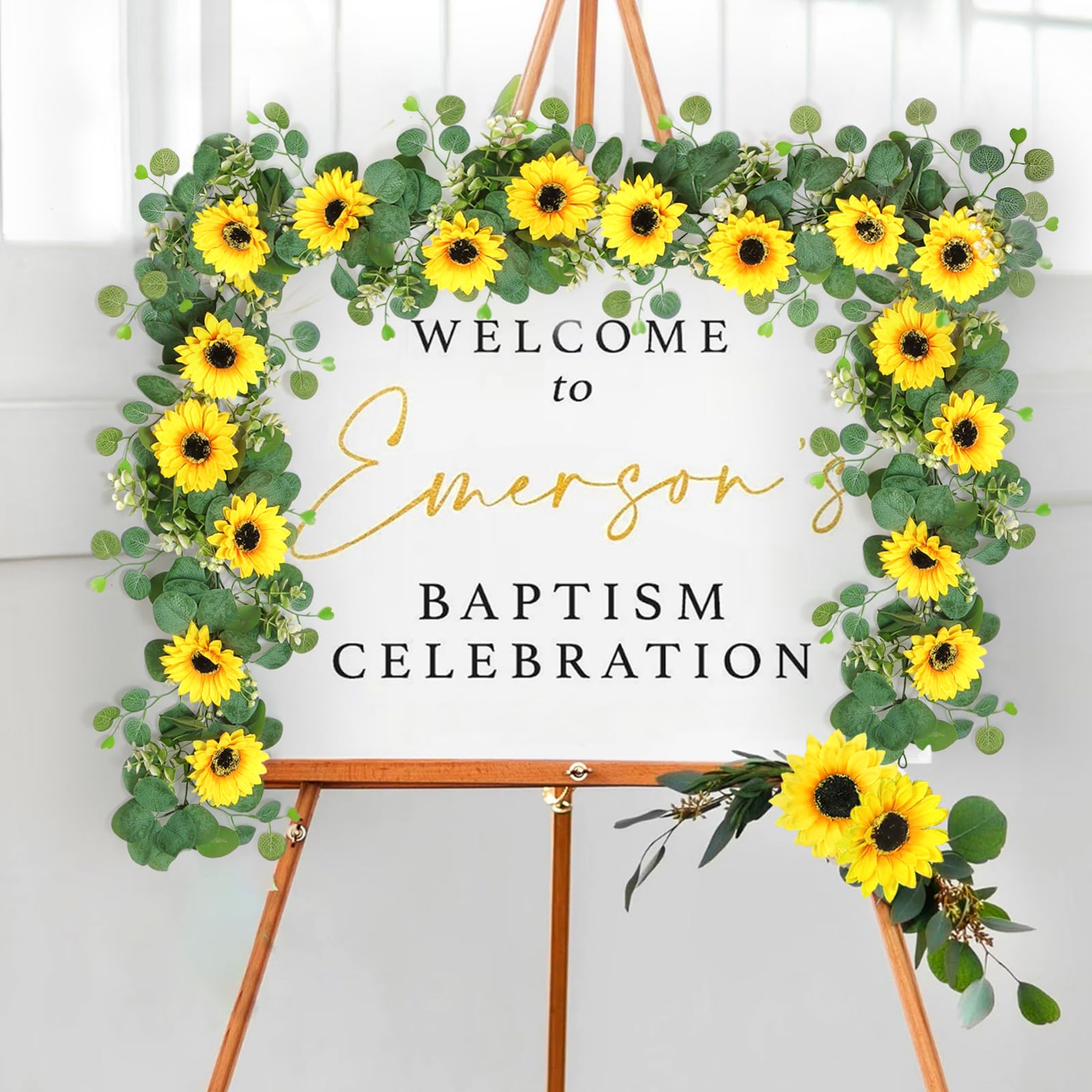Künstliche Sonnenblumen-Girlande, 4 Packungen 1,8 m, Seiden-Sonnenblumen, Reben, hängende Blumen, Girlande mit grünen Blättern für Party, Babyparty, Geburtstag, Hochzeit, Raumdekoration (4