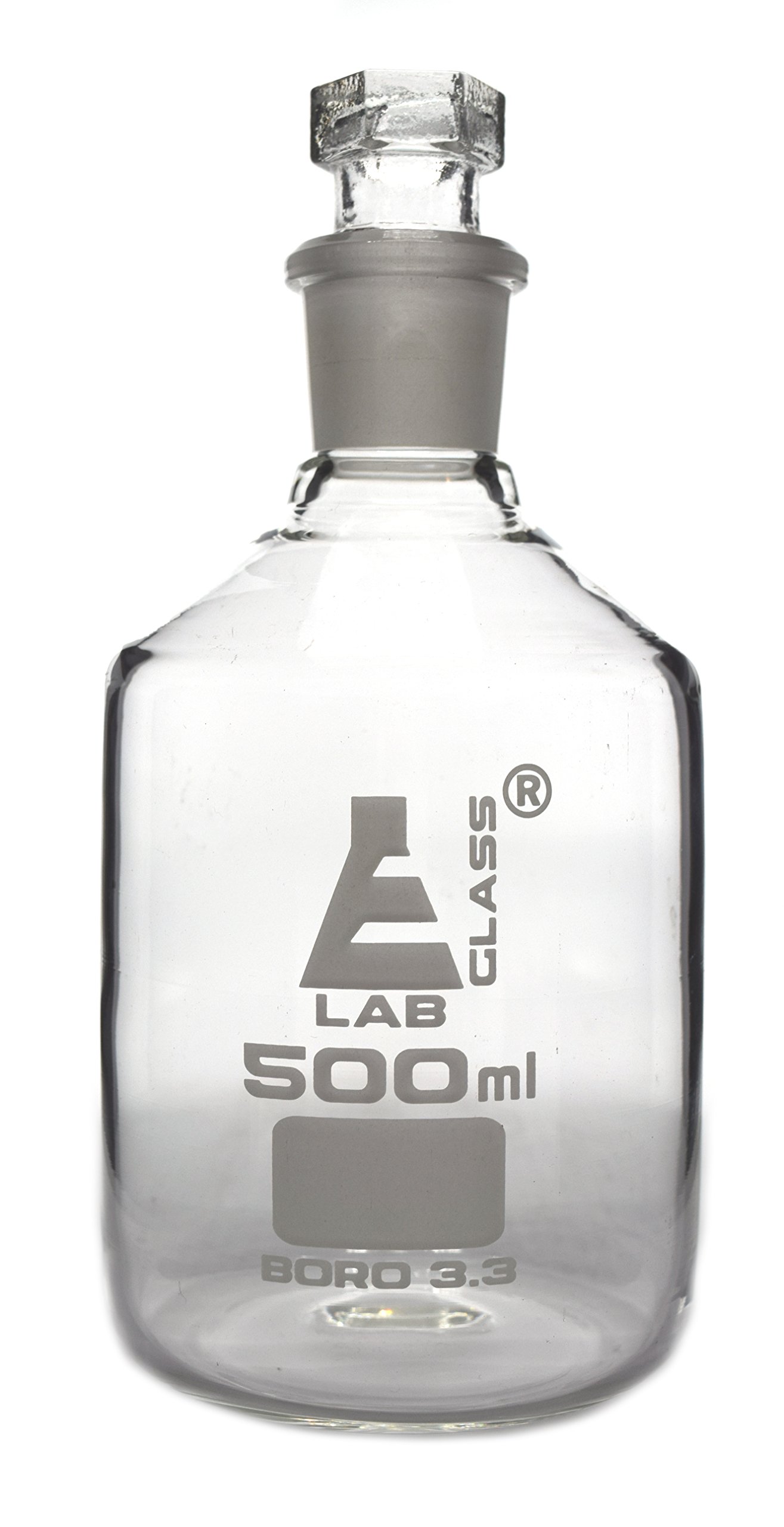 Eisco Labs - Bottiglia per reagenti, in vetro borosilicato, bocca stretta con tappo intercambiabile in vetro cavo, 500 ml