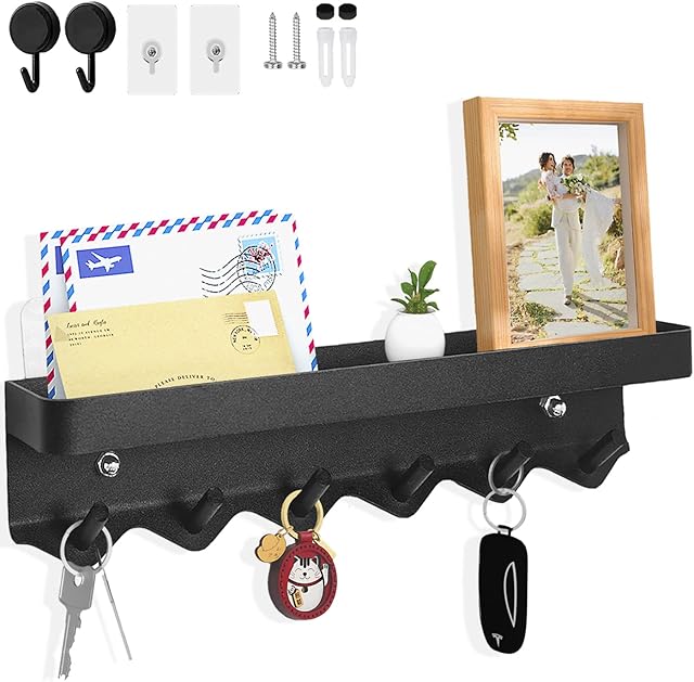 Echehi 6 Hooks Modern Key Holder, Multifunctional Self Adhesive or Drilling 2 Ways Installation Wall Key Rack, Key Hooks Wall Mounted for Entrance Area, Kitchen, Office, Bathroom, Living Room(Black)