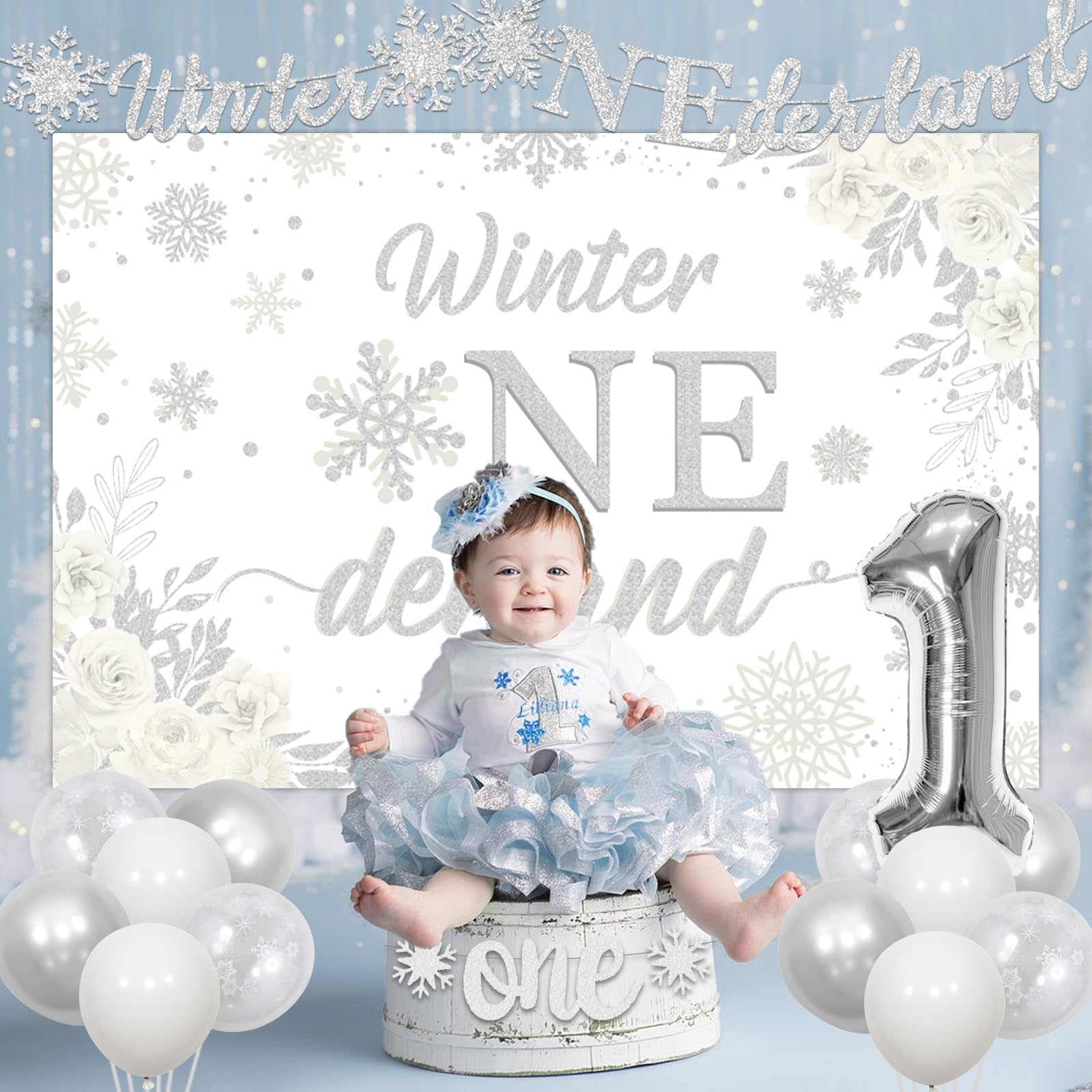 Silver Winter Onederland 1st Birthday Decorations - Snowflake Balloons Garland Arch Kit With Winter Onederland Garland Highchair Banner, Cake Topper...
