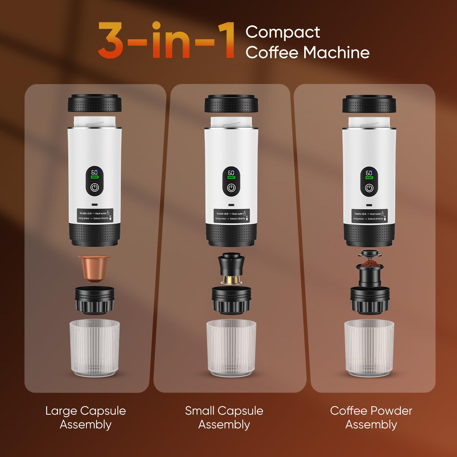 Macchina Caffe Portatile, Caffettiera Portatile 3-in-1 con batteria 7500 mAh,20 Bar, Autoriscaldante,USB-C,Piccola Macchina da Caffè 3 in 1 con Caffè Macinato e Capsule (NS & DG) per Camper - 3