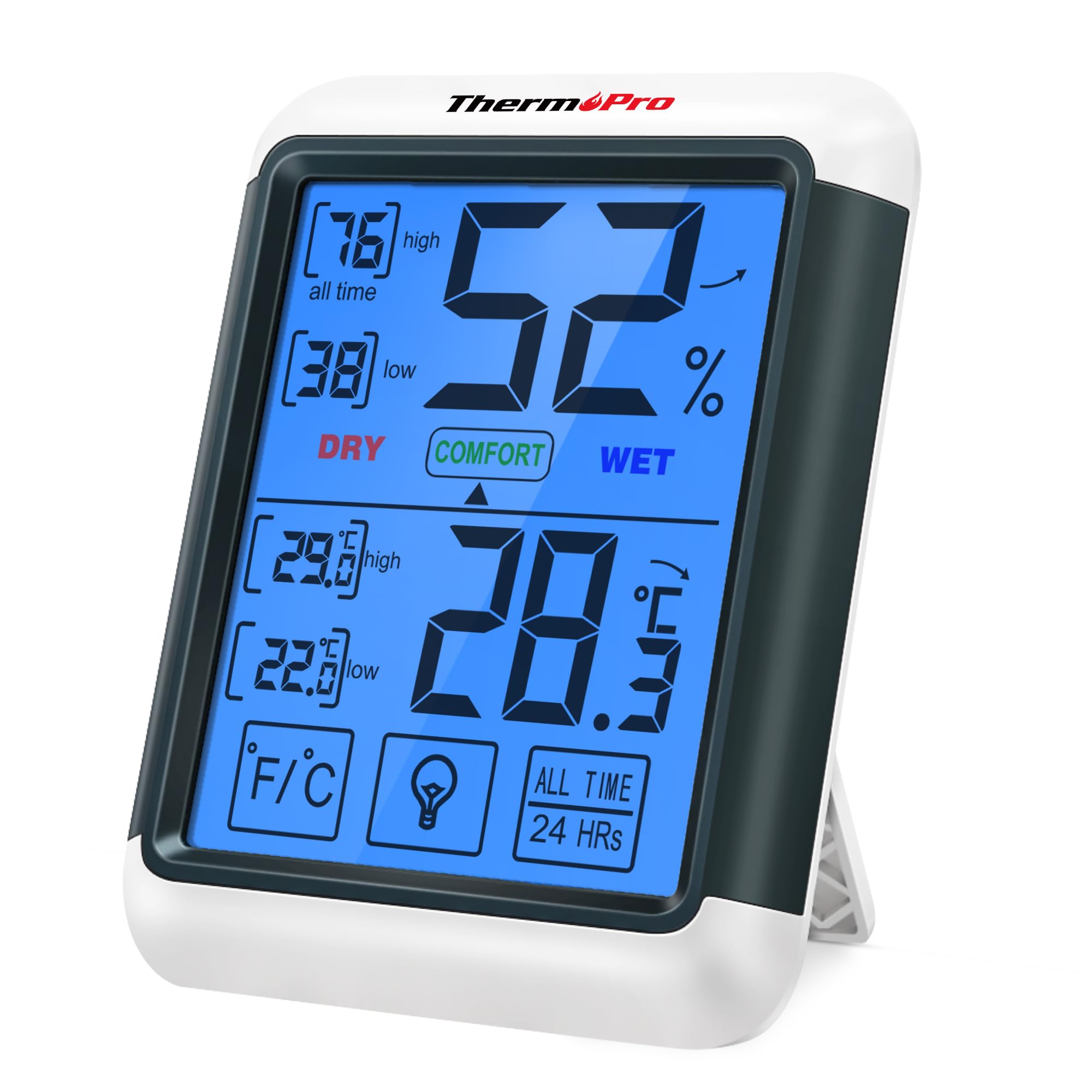 ThermoPro ThermoPro Hygrometer, Digital Thermometer, Hygrometer, Indoor, Large LCD Screen, Maximum Lowest Temperature and Humidity Display, Backlight Function, Touch Screen, Can be Used on Places,