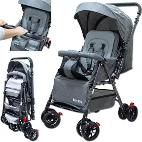 Carrinho de Bebê Reversível Passeio Runner até 15kg com Capota Retratil Reclinável Bandeja Cesto 4 Rodas Travas Cinto 5 Pontos e INMETRO (Cinza)