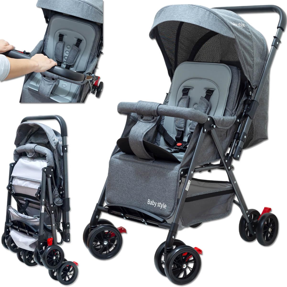 Carrinho de Bebê Reversível Passeio Runner até 15kg com Capota Retratil Reclinável Bandeja Cesto 4 Rodas Travas Cint