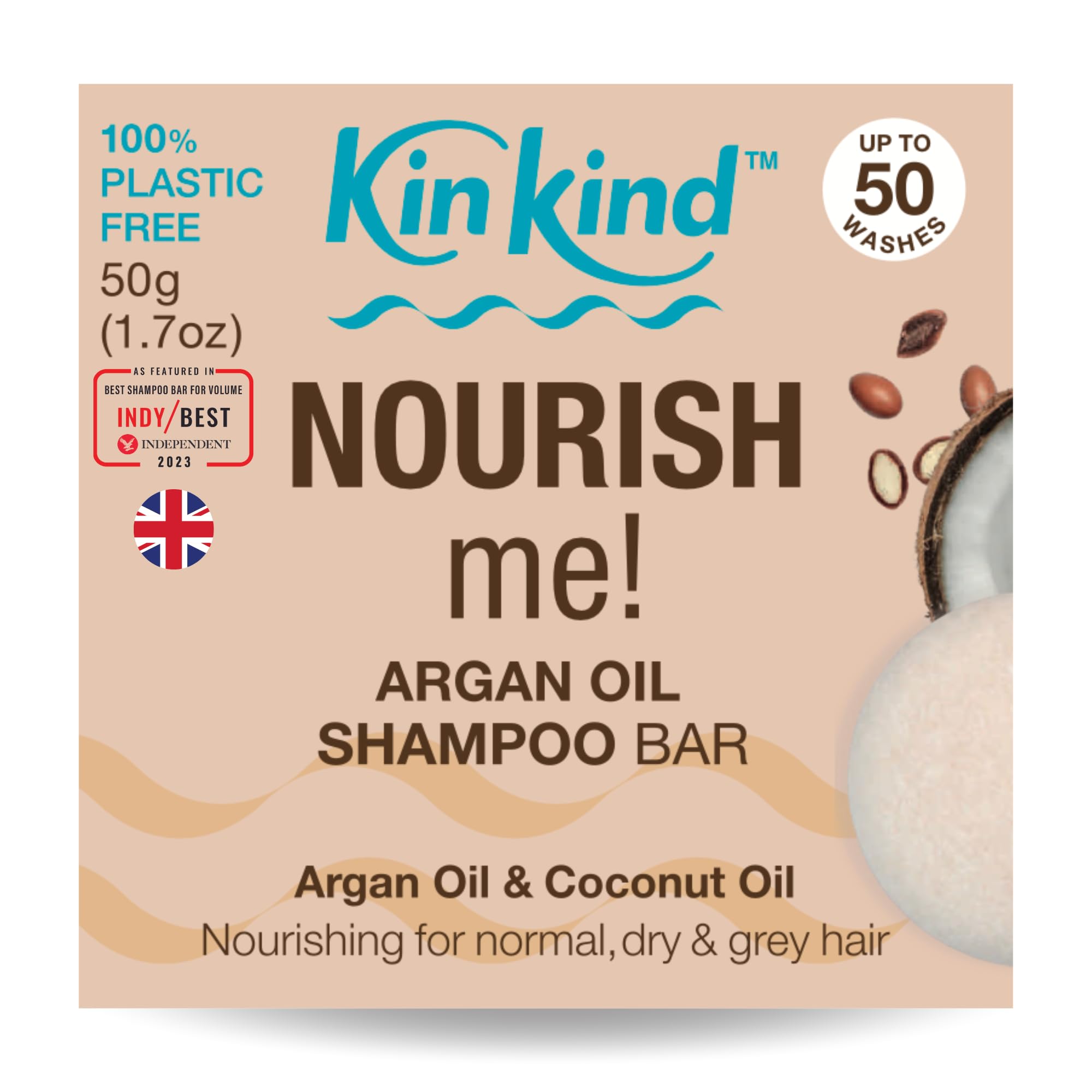 KinKindShampoo Bar. NOURISH Me! Coconut & Argan Oil Shampoo Bars for hair UK made. Hydrating Solid Shampoo Bar for Normal, Dry & Grey Hair. Natural Travel Shampoo. Up to 50 Washes. Vegan[Amazon-developed Certification] Compact by Design