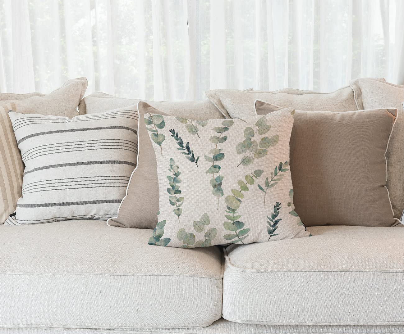 Housse Coussin Lin PPRLIFE 45,7x45,7cm - Motif Feuilles Aquarelle Vert - Décoration Style Ferme Contemporain