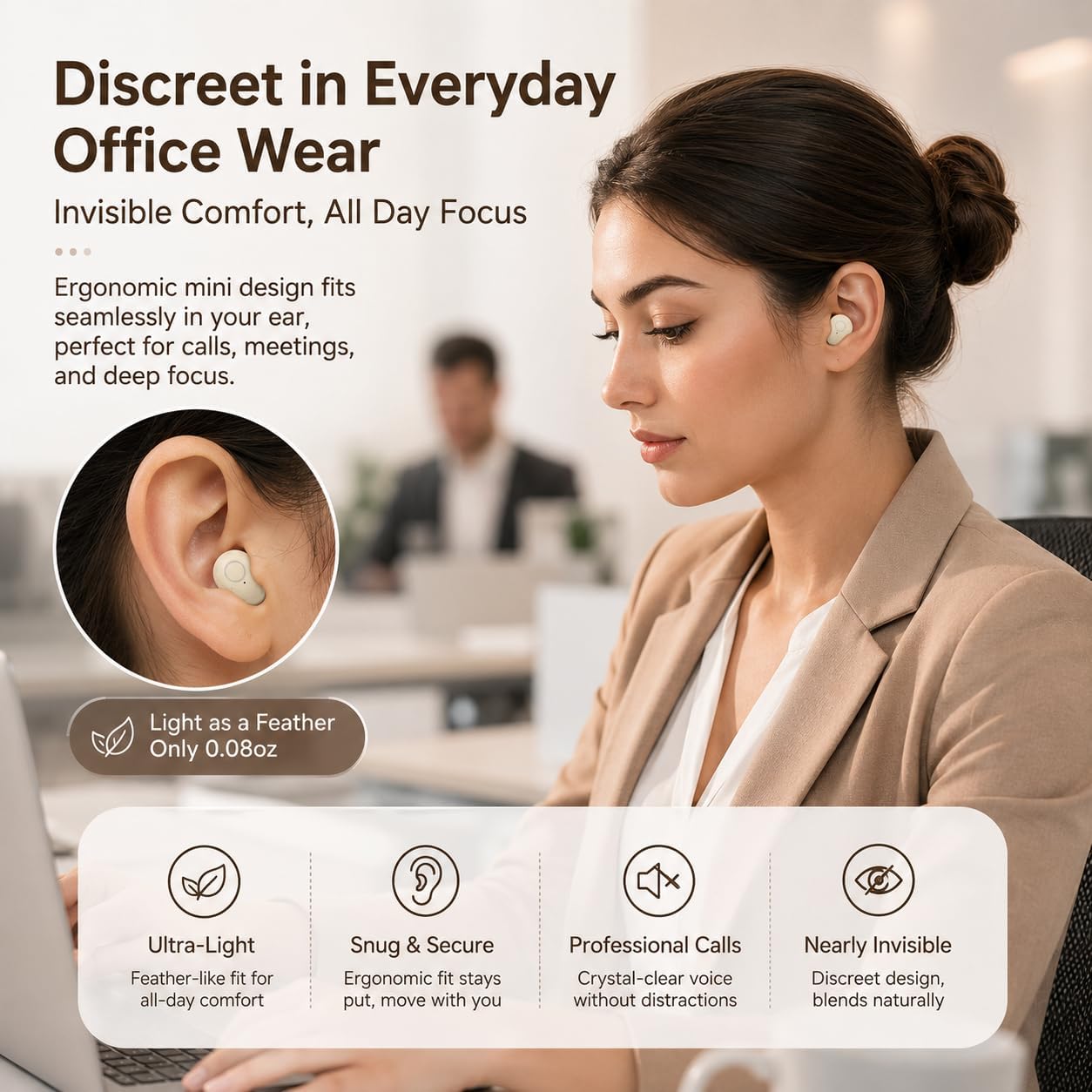 Smallest Invisible Earbuds Wireless Bluetooth, Low Profile Micro Tiny Discreet Hidden Earbuds for Work,Mini Small Headphones, Invisible Sleep Wireless Earphone for Small Earbuds (Khaki)