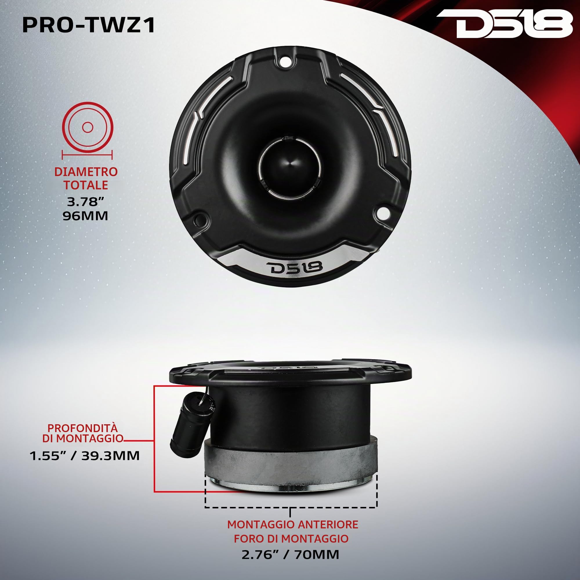 DS18 PRO-TWZ1 - Tweeter a compressione Super Bullet da 9,7 cm, 4 Ohm, bobina da 2,5 cm, in alluminio, ideale per sistemi audio Pro Car Audio, impressionante sensibilità 105 dB, coppia