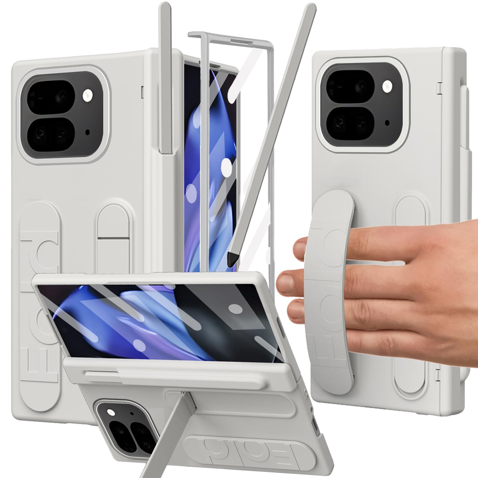 for Google Pixel 9 Pro Fold Case with S Pen Holder & Stylus, Hand Strap Phone Case with Hinge Protection, Screen Protector, Kickstand, Wrist Strap Cover for Google Pixel 9 Pro Fold White