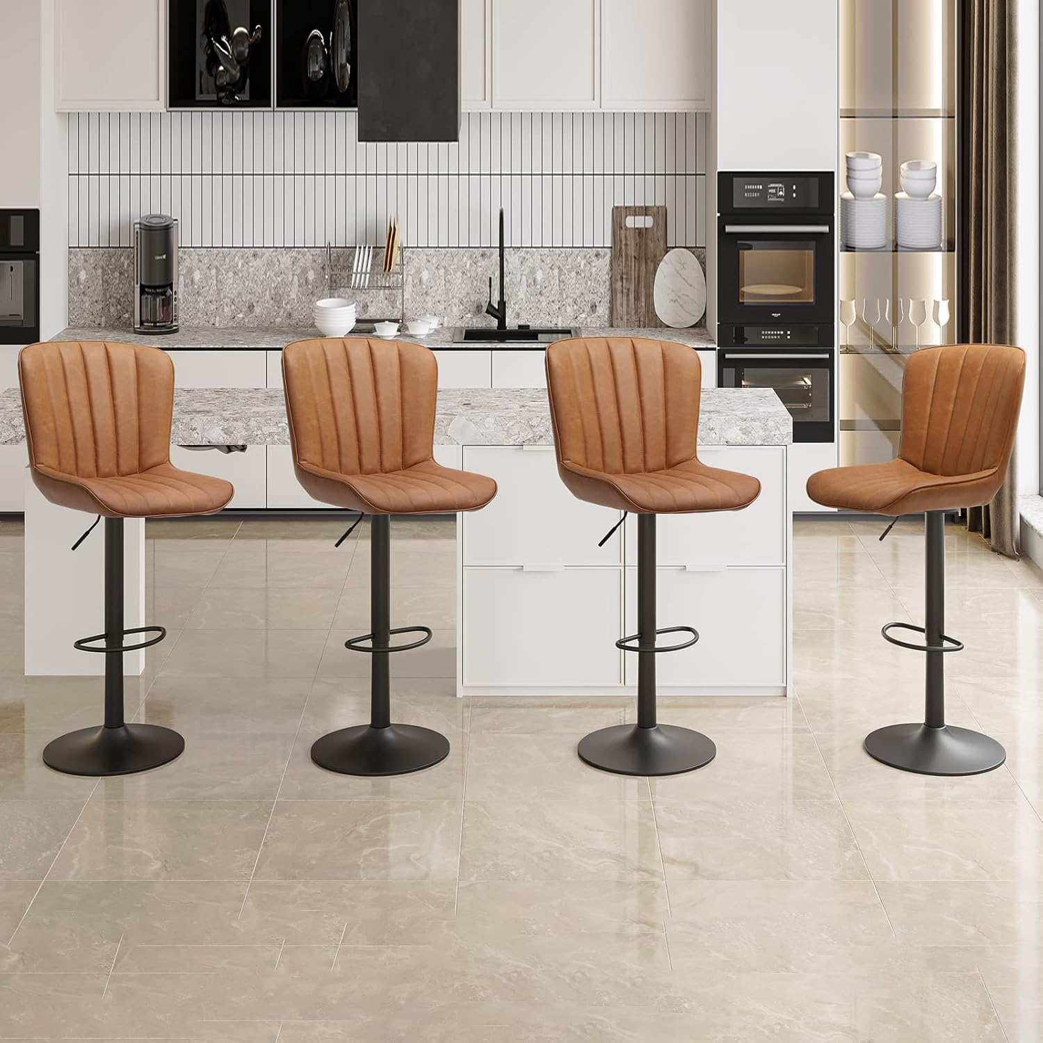 DICTAC Bar stools Set of 4 Brown Leather, Adjustable Bar
