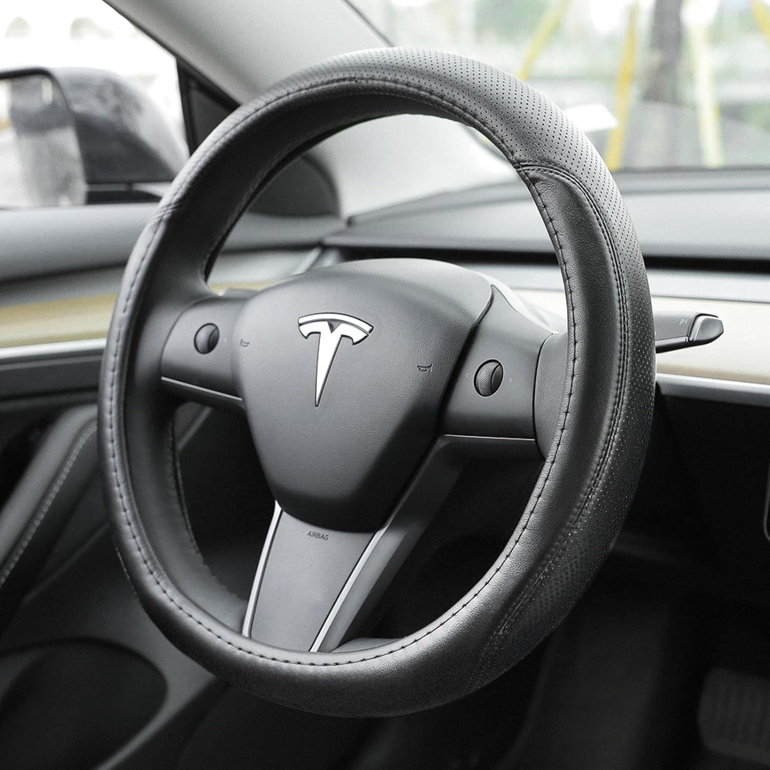 Custom Fit for Tesla Model 3 Steering Wheel Cover,Tesla Steering Wheel Cover Model 3 is Premium Leather Excellent Hand Texture,Non-Slip,Breathable, for Tesla Model 3 Accessories (Deluxe)