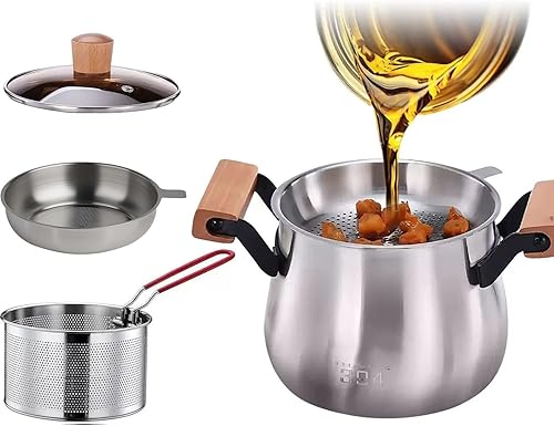 Olla pequeña para freidora profunda con colador y canasta, filtro de aceite de acero inoxidable, recipiente de aceite de cocina con canasta, colador