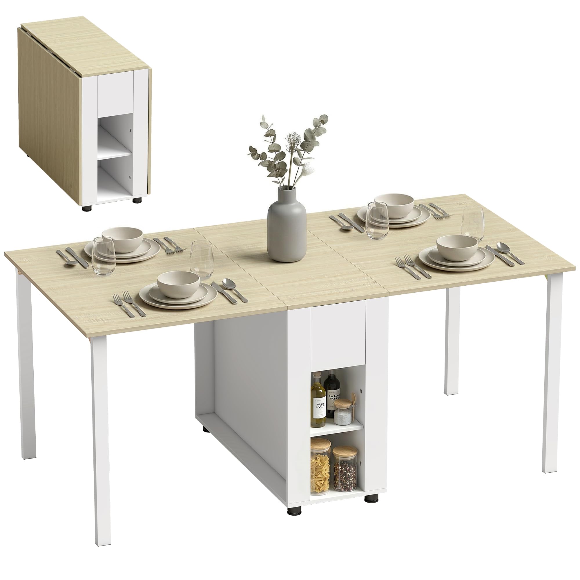 HOMCOM Table à Manger Pliante pour 6 Personnes 39-168 cm 2 Tiroirs Blanc | Table de Cuisine Rectangulaire, 2 Abattants, 4 Étagères Ouvertes, Pieds en Bois de Pin, Petit Espace, Salle à Manger
