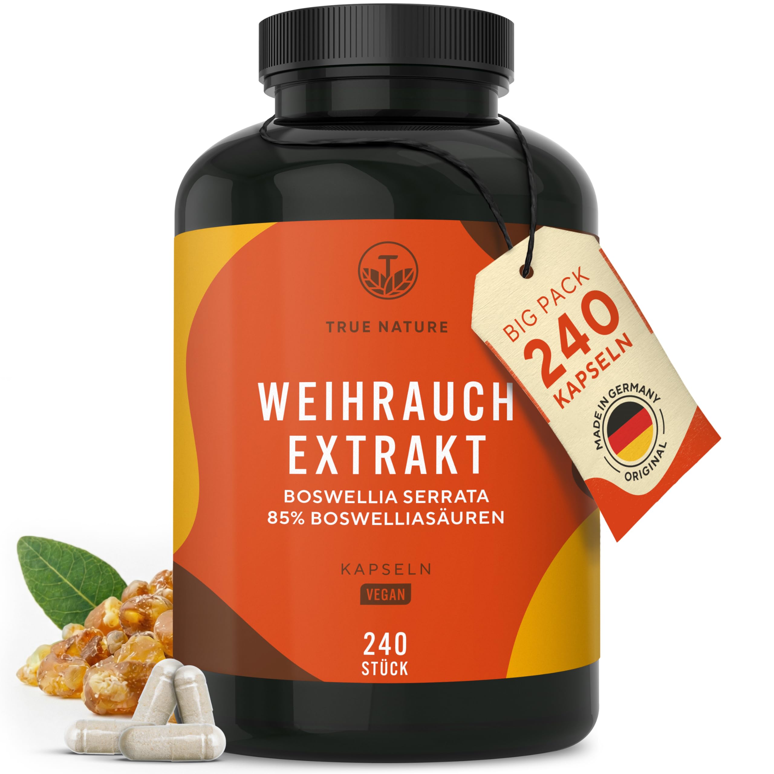 Weihrauch Kapseln Hochdosiert - 2000mg Extrakt pro Tag - 240 Kapseln - Boswellia Serrata (Weihrauchkapseln) - 85% Boswelliasäure - Vegan, Deutsche Produktion - TRUE NATURE