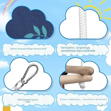 Swing for Baby Children with Safety Belt Stainless Steel Carabiner Soft Cushion up to 50 kg Adjustable Length CE Environment Fabric Dinosaur Pattern for Garden Indoor Outdoor