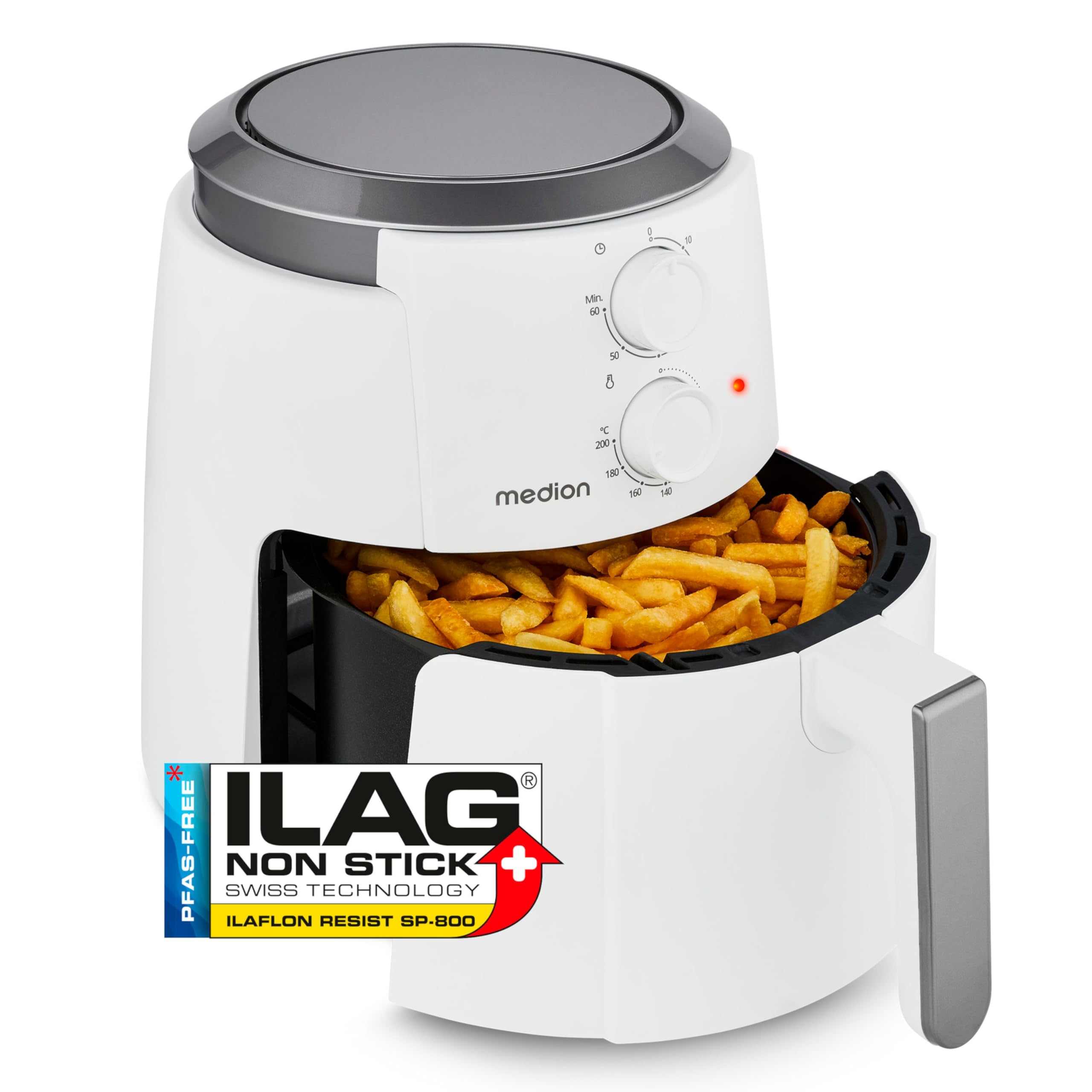 MEDION P30 L Heißluftfritteuse (4,7 Liter, Airfryer, 1500 Watt, einfache Bedienung, ölfreies Frittieren, 60 Min Timer, bis zu 200° C, Antihaft-Beschichtung, MD13020)
