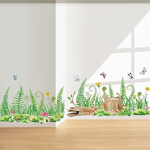 wondever Calcomanías de esquina de pared de helechos de hierba verde de verano, plantas verdes, mariposas, zócalos, línea de zócalo, decoración de