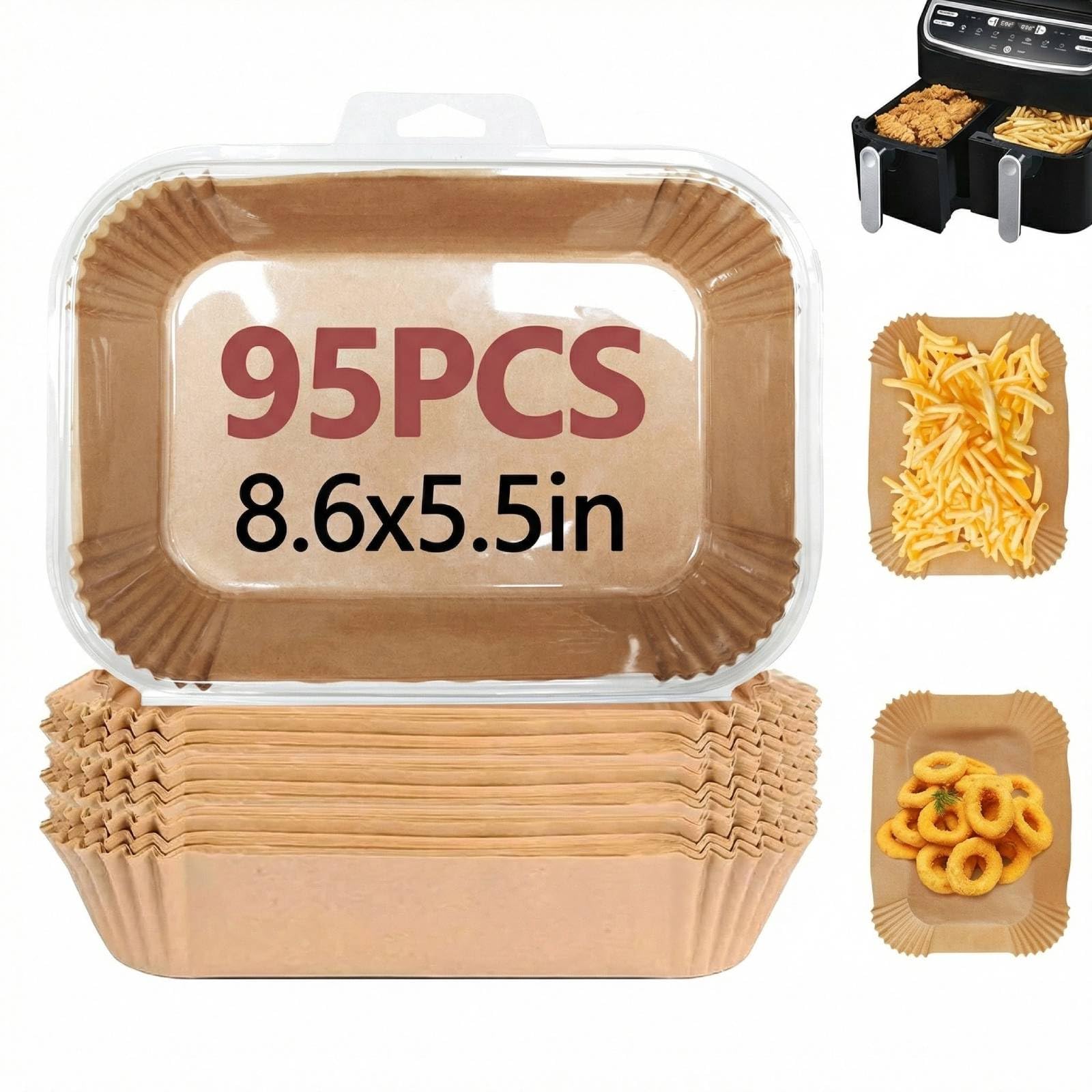 95PCS Air Fryer Liners for Ninja, 8.6 x 5.5 inch Disposable Air Fryer Paper Dual Basket, Non-Stick Unbleached Parchment Paper Baking Accessories Liners for Natural Ninja DZ201 DZ401