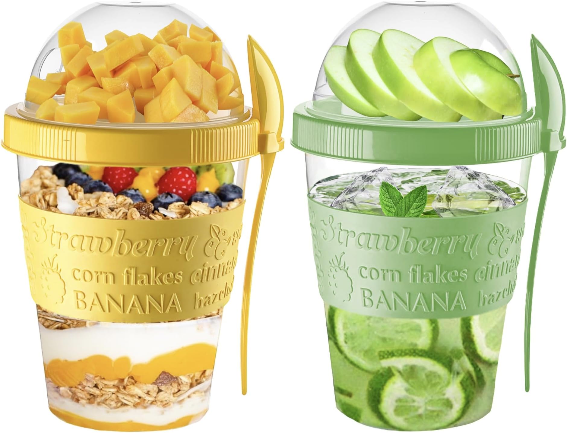 VL 4PCs Yogurt Pots Reusable 20 Oz Overnight Oats Container with Lid & Spoon BPA free Breakfast Pots to GO Cereal On the Go Dishwasher Safe Lunch Oatmeal Jars (Set of 2 (Green, Yellow)