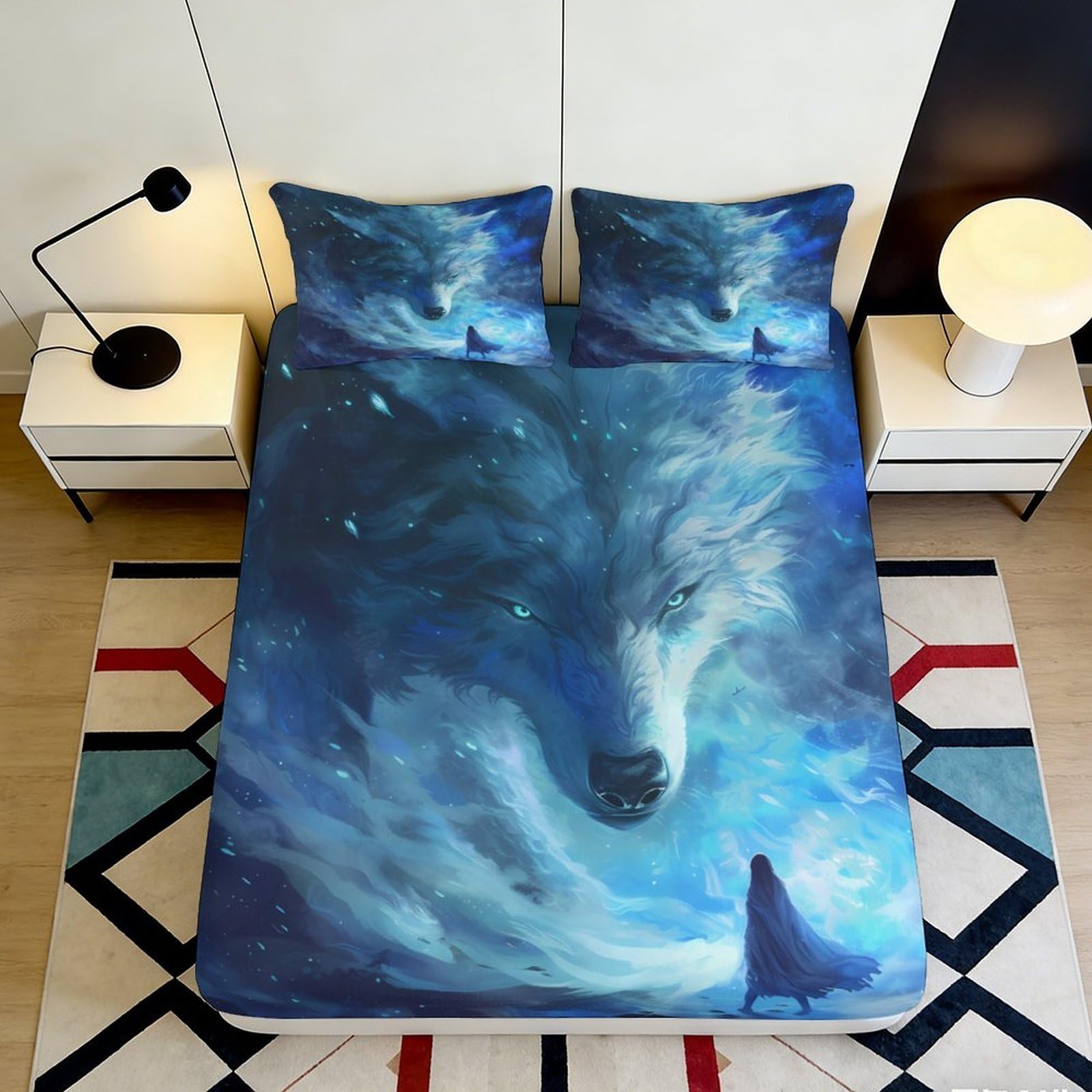 3D Printed Blue Wolf Fitted Sheet Microfiber Soft Breathable Night Forest Mattress Cover for Bedroom Guest Room Decor 90x200x25cm