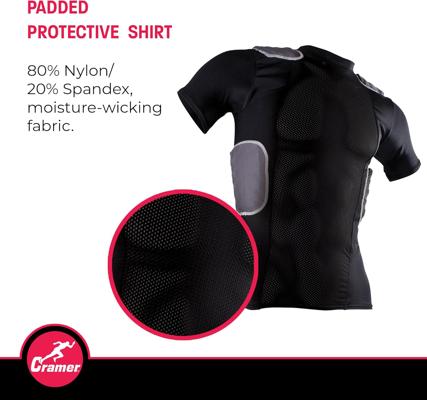 Cramer Lightning 5 Pad Youth Football Shirt with Integrated Rib, Spine and Clavicle Pads, Youth Football Padded Compression Shirt, Rib Protector Shirt, Padded Basketball Shirt, Black, Youth Large