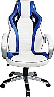 24/7 Seating Silla de estudio con respaldo alto de cuero azul y blanco para el hogar y la oficina con ajuste de altura giratorio de inclinación y bloqueo