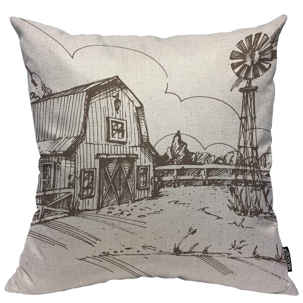 Mugod Farmhouse Decorative Pillow Case Farm Sketch Barn Fence Windmill Ranch Meadow Cloudscape Trees Throw Pillow Cover Home Decor Cotton Linen Square Cushion Cover for Couch Bed Sofa 24X24 Inch