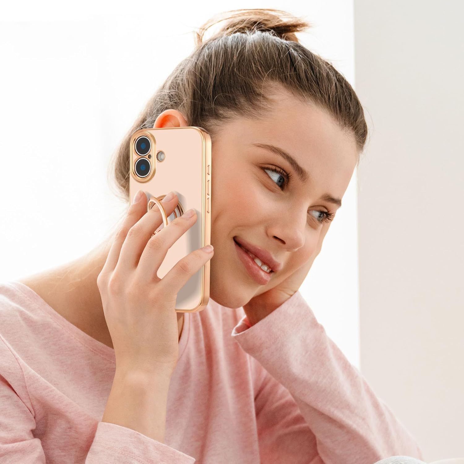 EYZUTAK Case for iPhone 17, Phone Case with 360° Rotatable Finger Ring Holder Kickstand Magnetic Car Mount Supported Shiny Plating Gold Edge Slim Soft Silicone Protective Cover - Light Pink - Image 8