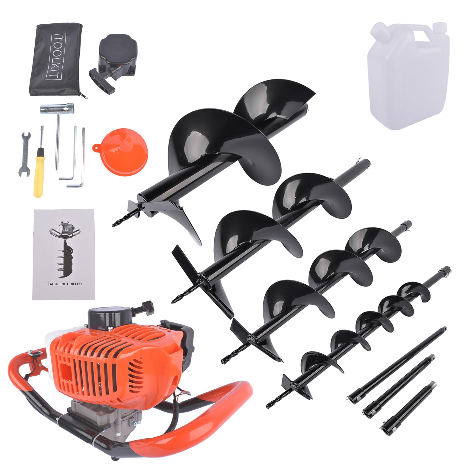 72CC Gas Powered Post Hole Digger - 2-Stroke Earth Auger With 3 Drill Bits (4", 6", 8") & Extension Rods