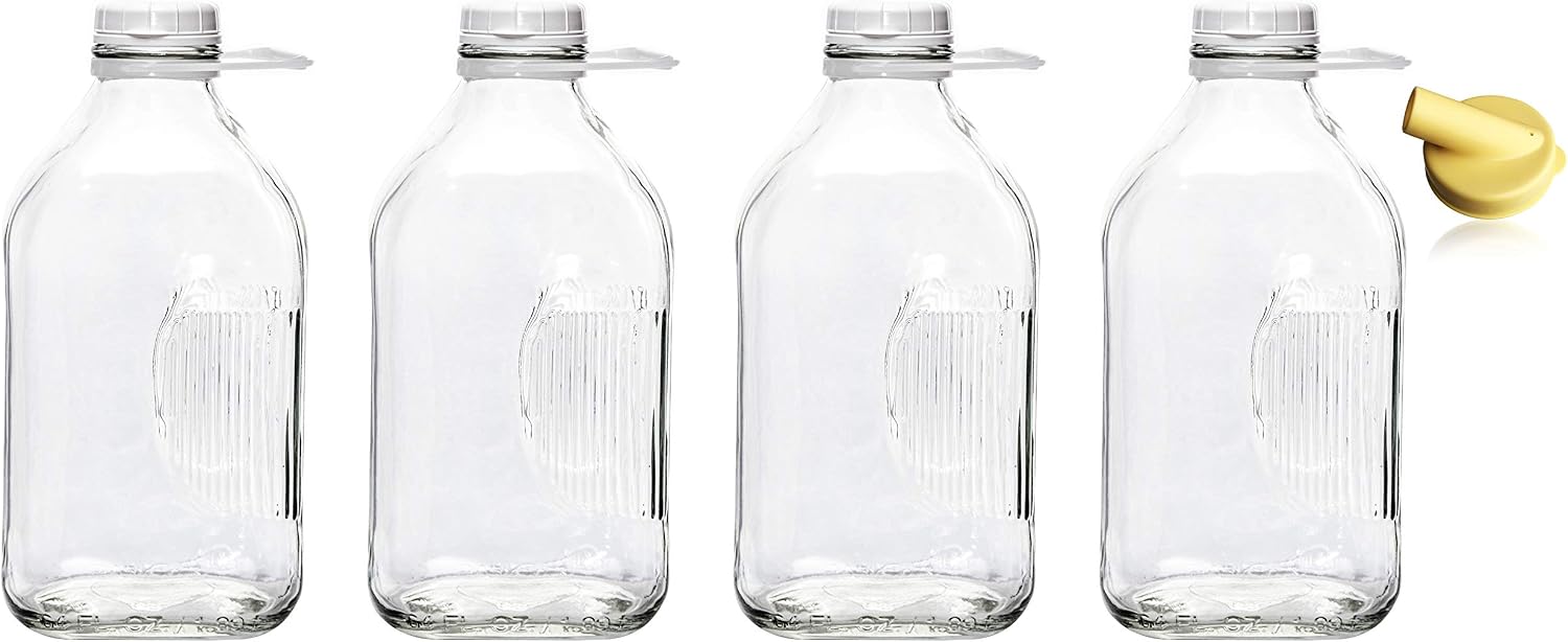 Free Shipping Over $50 The Dairy Shoppe Heavy Glass Milk Bottles 64 Oz Jugs (2 Quart) with Extra Lids and FREE Pour Spout! (4, 64 oz)