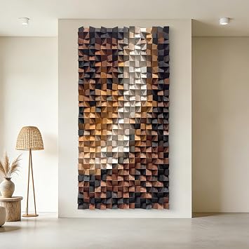 BrightA 3D Wall Art Decor Wooden Wall Art Decor Textured Wall Art Grey Wall Decor Mosaic Wall Art Large Artwork for Living Room Stairway Hallway Wall Decor 23.6"x47.2"