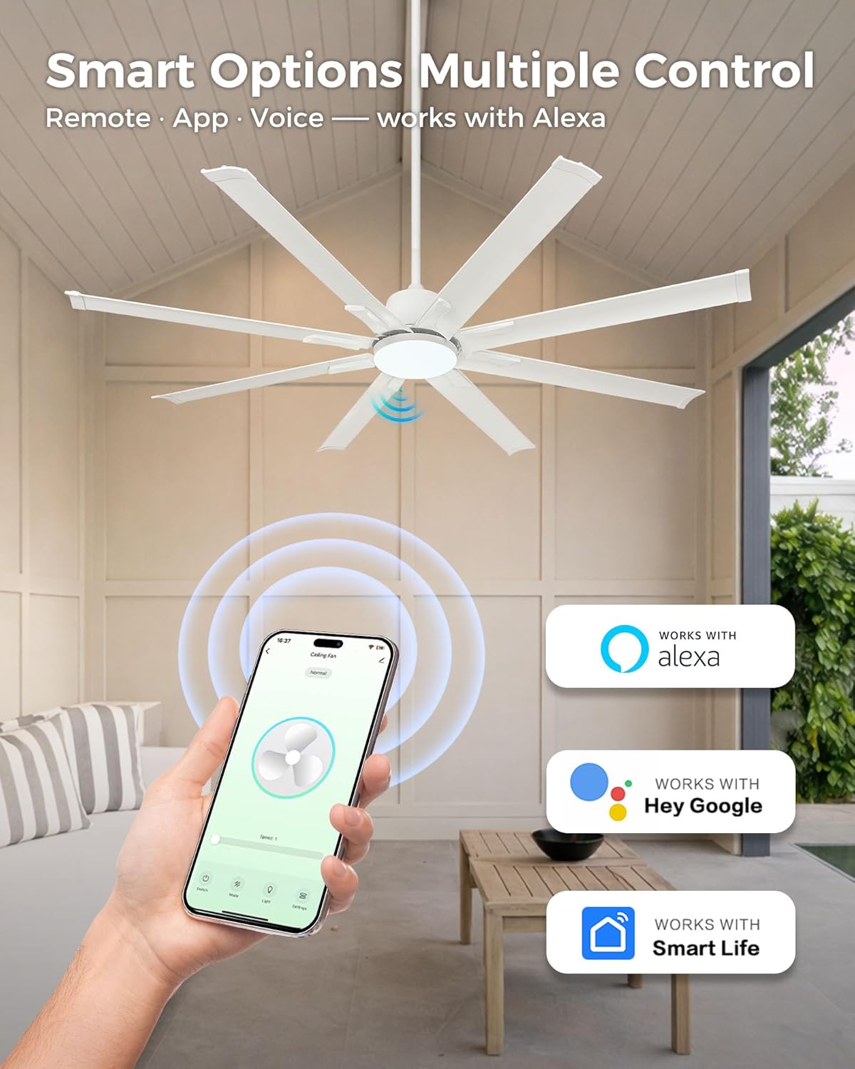 72In White Aluminum Ceiling Fan with Light,Smart ceiling fan with Alexa and APP(via WIFI),6 Speed,3CCT,Quiet DC Outdoor Indoor fan for patio and Living Room