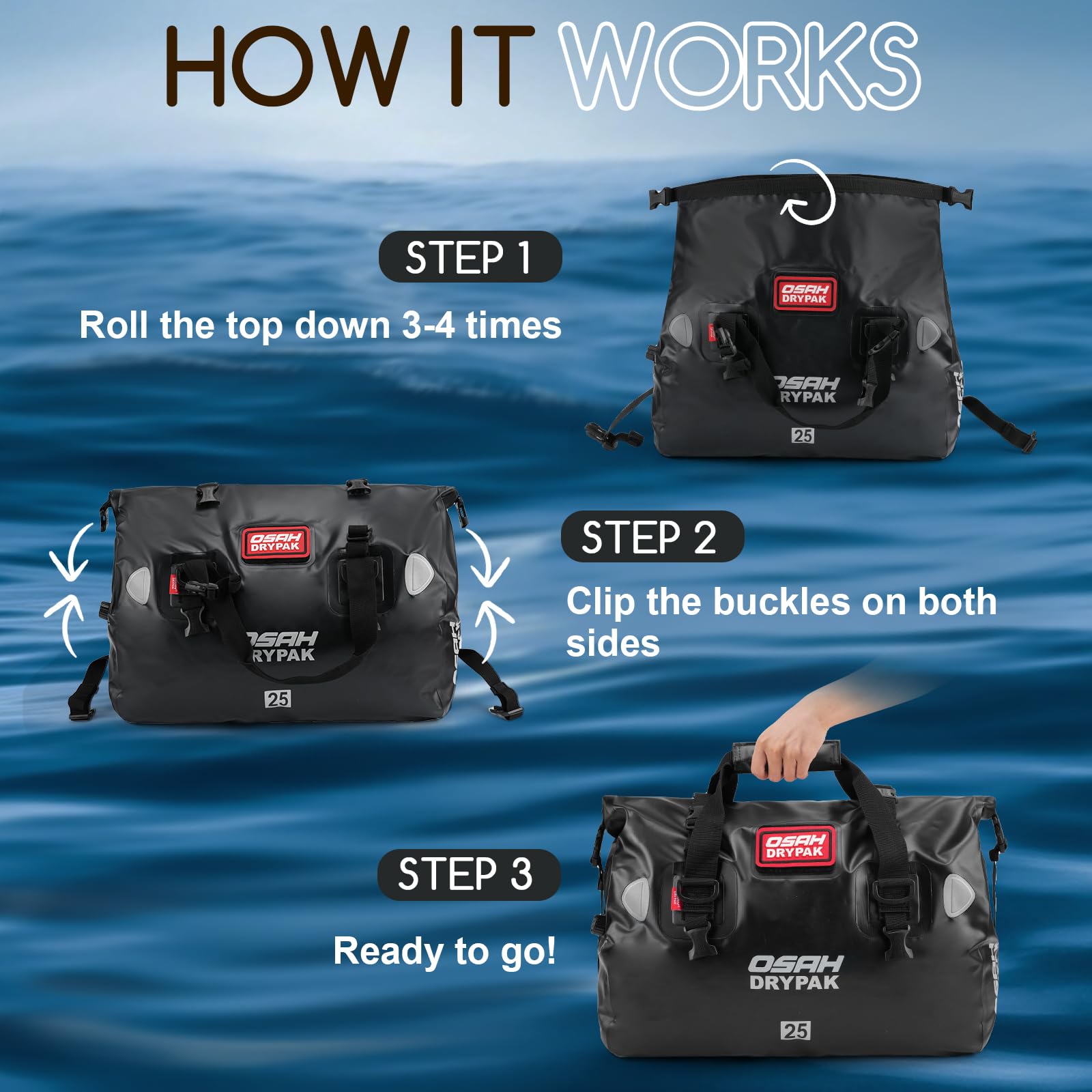 OSAH DRYPAK Bolso de Lona Impermeable - Bolsa estanca para Moto con Gran Capacidad de Almacenamiento, Viajes, Acampada, Kayak, Pesca