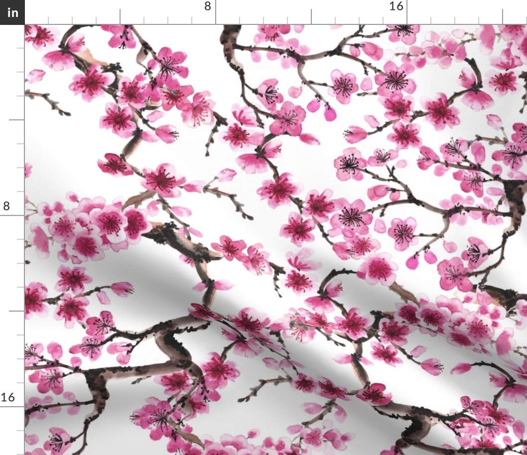 SpoonflowerFabric - Cherry Blossoms Spring Flower Pink Watercolor Japanese Inspired Tree Printed on Petal Signature Cotton Fabric by The Yard - Sewing Quilting Apparel Crafts Decor
