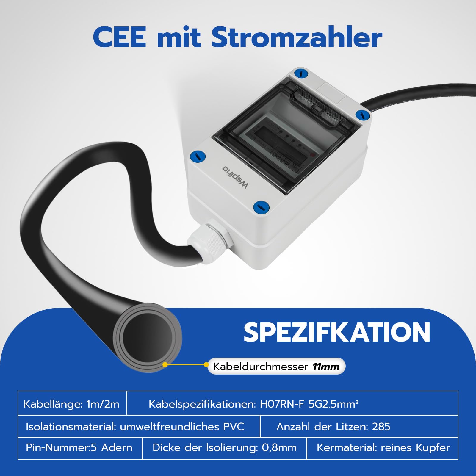 Mobiler Digitaler Stromzähler 3 Phasen 16A IP44 CEE Adapter 5 Pin Stecker Kupplung 2,5 mm² Verlängerungskabel 0,5M