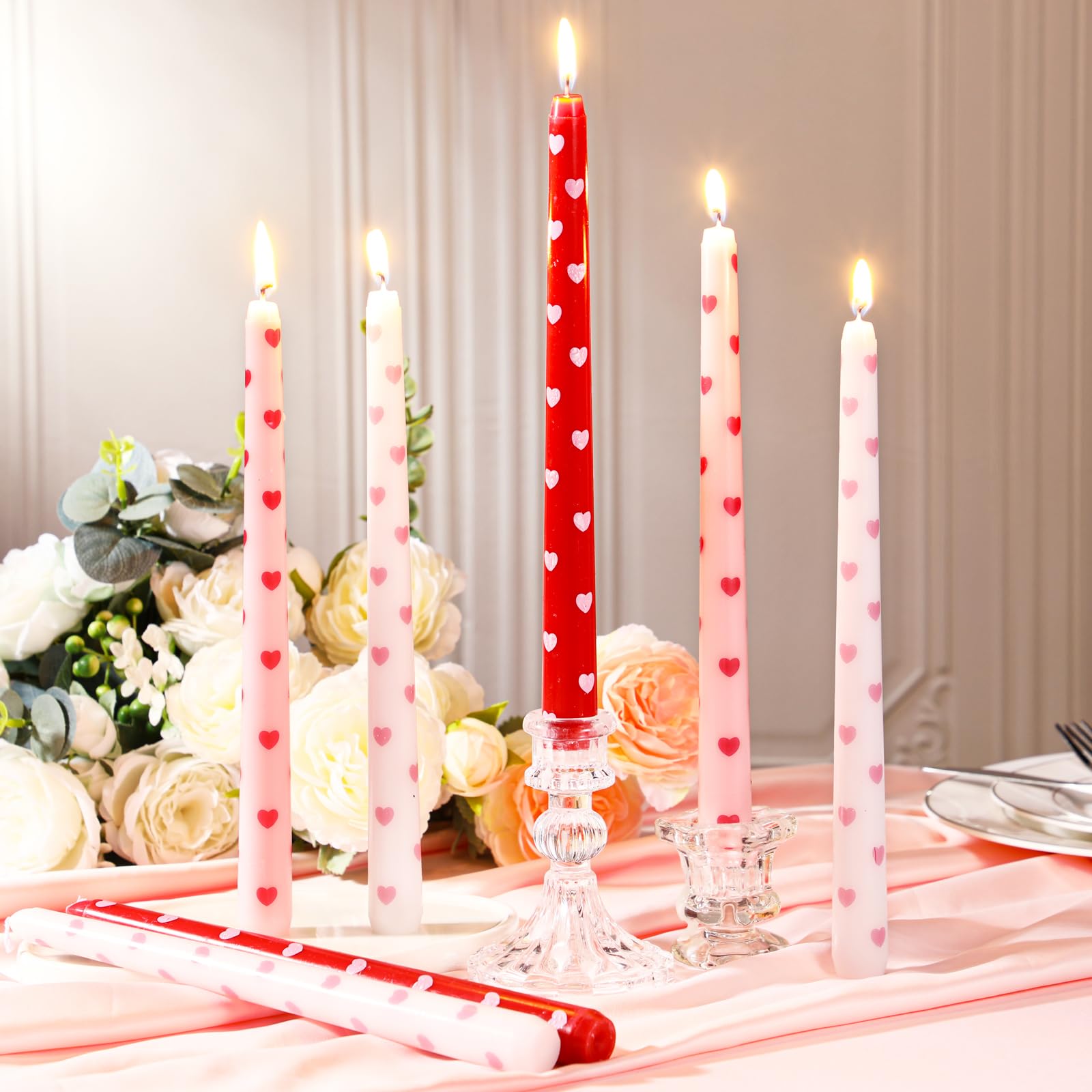Threlaco 12 Pcs Valentine Taper Candles 10 Inch Tall Unscented Heart Candles Stick Valentine Gifts Holiday Decor for Dinner, Party, Wedding, Anniversary(Red,Pink,White,Heart)
