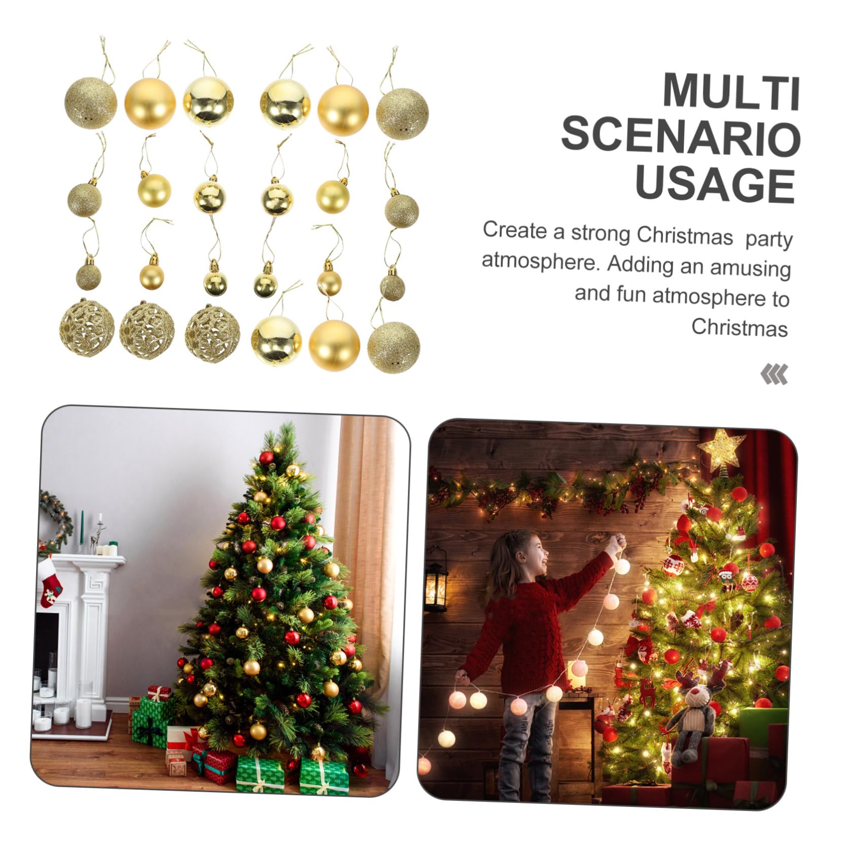 Ipetboom Caja 100 Bolas Navideñas Colgantes de Plástico Dorado para Adorno del Árbol de Navidad, Accesorios Creativos para Fiestas y Escenas Festivas