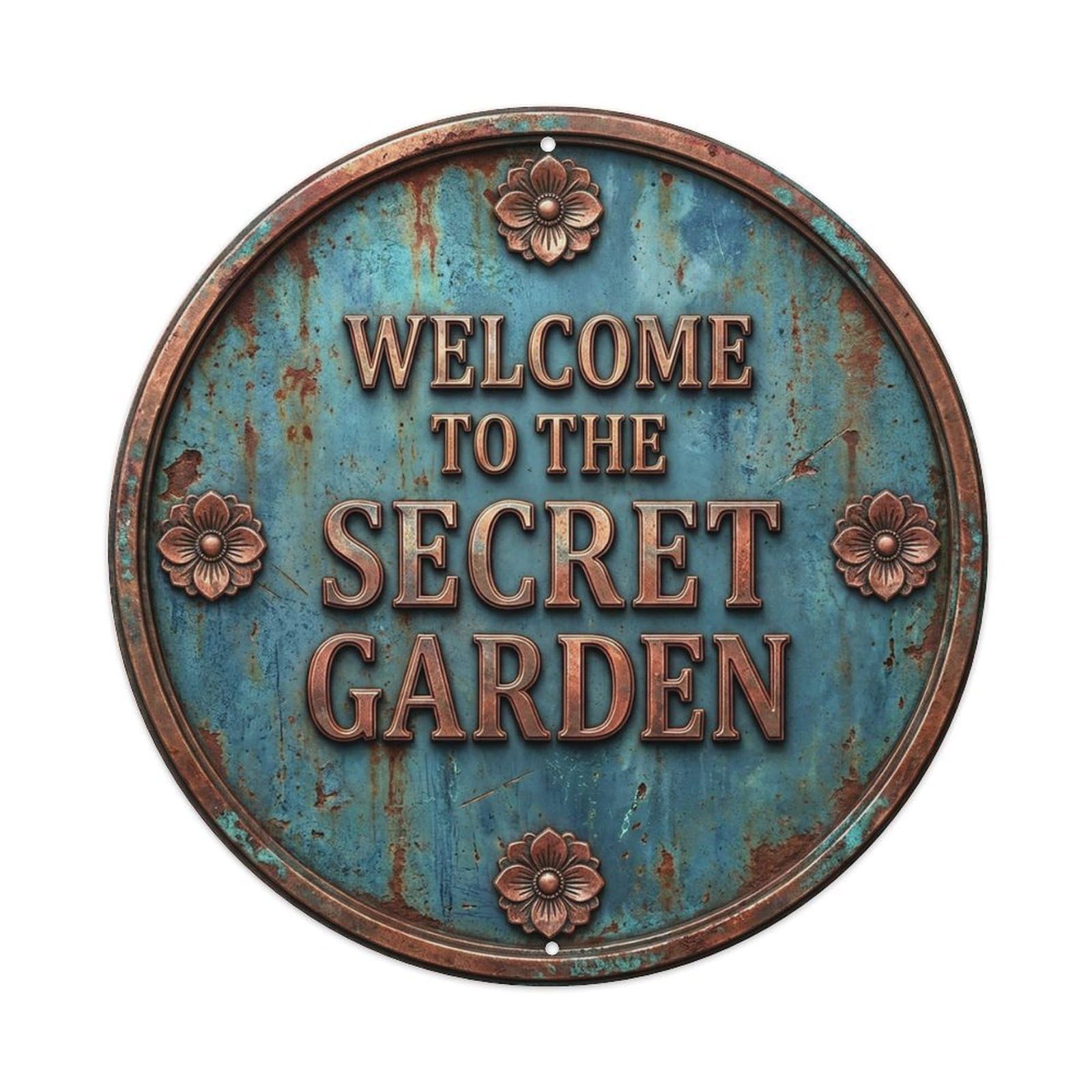 Vintage Welcome Secret Garden Copper Denim Anemone Metal Tin Sign