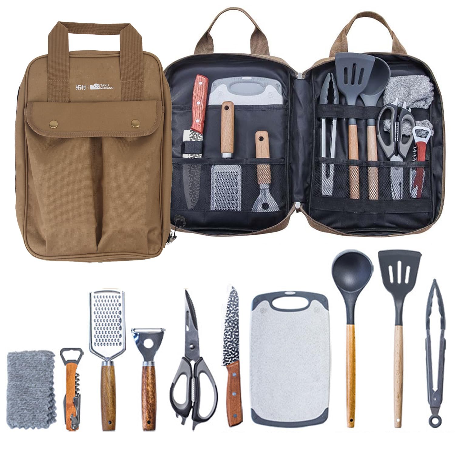 Sadodo Lot de 11 ustensiles de cuisine de camping avec sac de transport en silicone et acier inoxydable