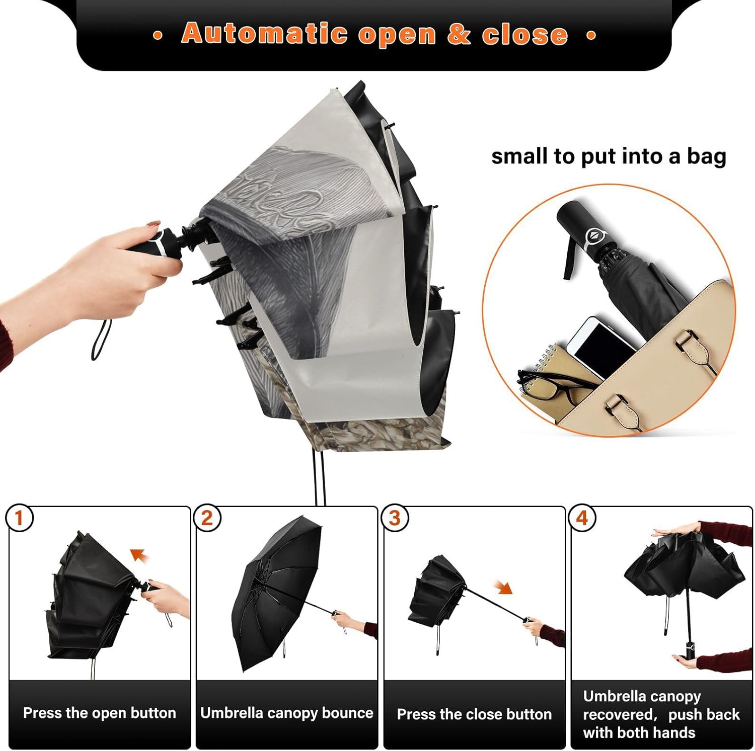 UPF 50+ Large Travel Umbrella Skeleton Hat White Compact for Rain and Sun - One-Click Automatic Open and Close - Windproof Portable 46” Sun Umbrella