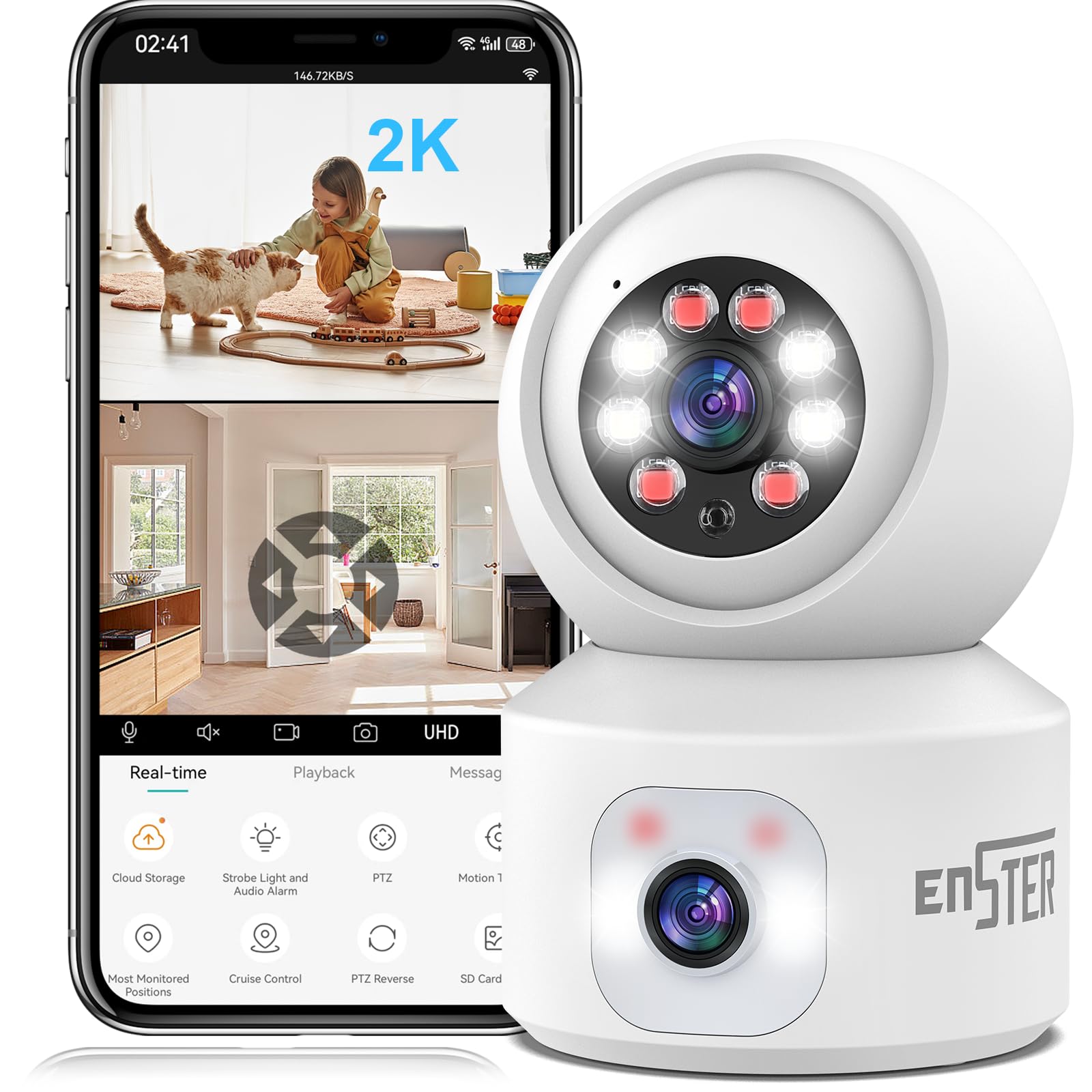 ENSTER Cámara Vigilancia WiFi Interior 2K 4MP, 360° Cámara de Seguridad, Doble Lente, Visión Nocturna, Seguimiento Automatico, Detección de Movimiento, Onvif,Audio Bidireccional para Bebé/Mascotas