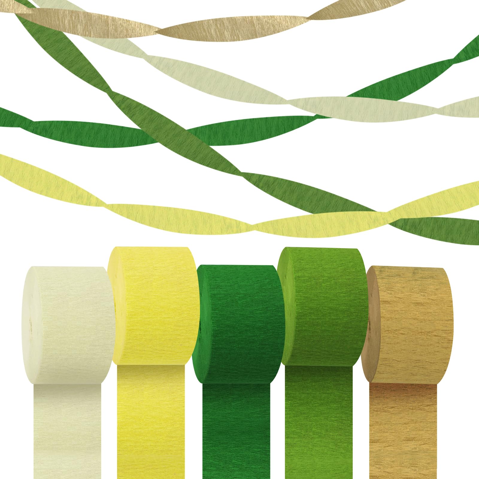 Papier-Luftschlangen, 5 Rollen, Grün und Gold, Geburtstagsparty-Dekorationen, Krepppapier-Luftschlangen für Partyzubehör, Geburtstag, Junggesellinnenabschied, Baby-Brautparty, Hochzeit (4,5 cm
