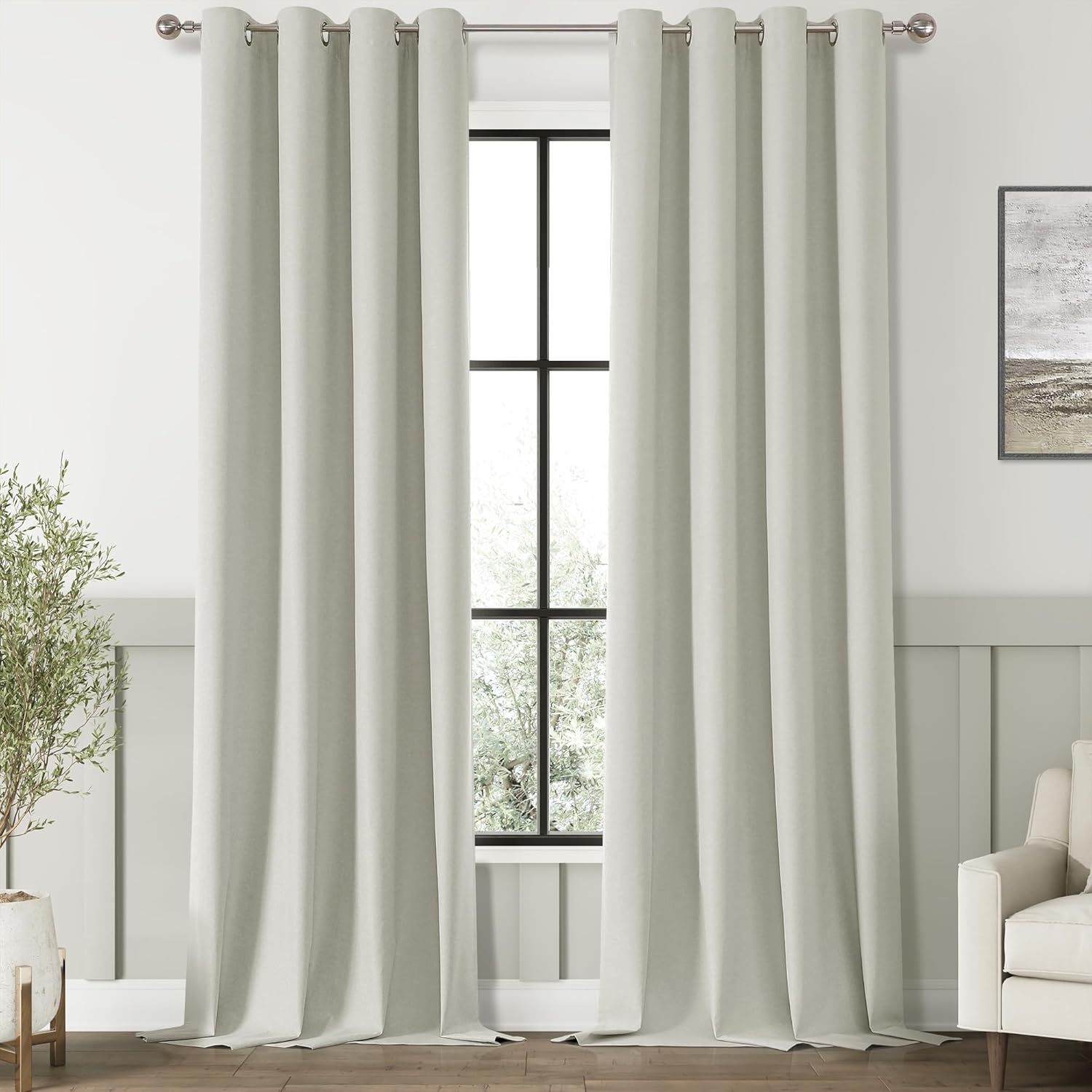 ChrisDowa 100% Blackout Greyish Beige Solid Curtains 108 Inches Long 2 Panels for Bedroom Living Room,Farmhouse Room Darkening Thermal Insulated Soundproof Grommet Top Window Treatment Drapes,52x108 52"W x 108"L (Pack of 2) Greyish Beige