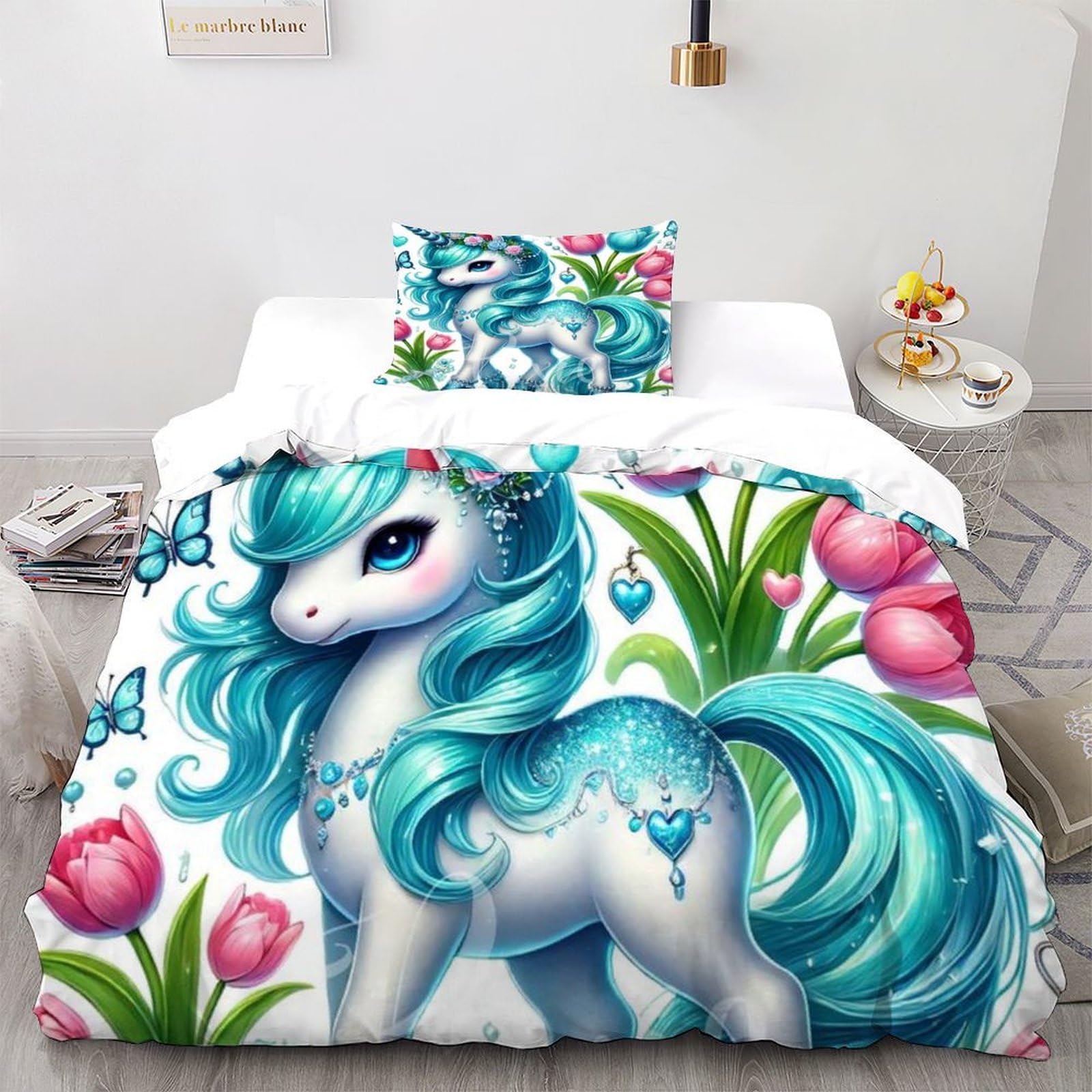 SHEVOVER Unicornio Verde Juego De Funda De Edredón 3D Animales encantadores Niños Colcha Dormitorio De Microfibra con Funda De Almohada Single（135x200cm）