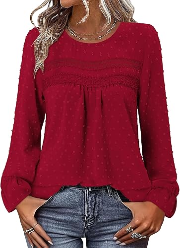 BETTE BOUTIK Womens Boho Fall Long Sleeve Shirts Crewneck Dressy Casual Blouses Trendy Flowy Tops